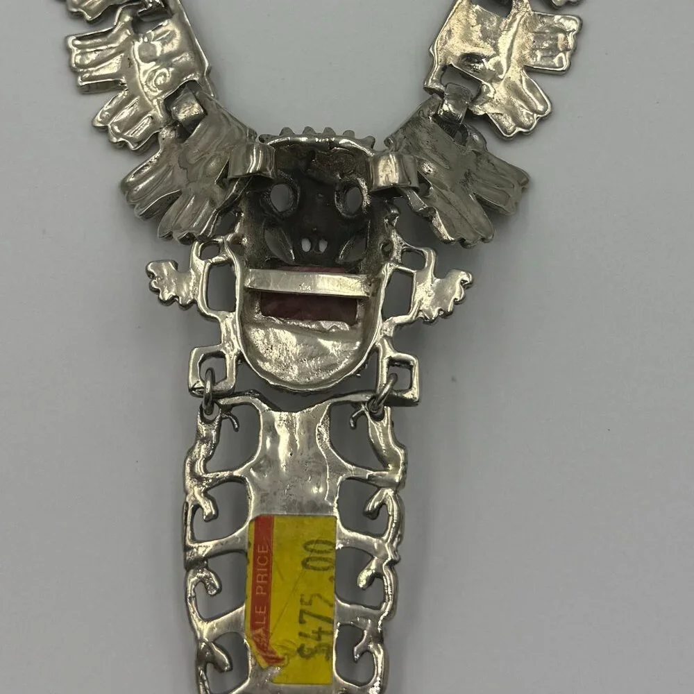 Heavy Sterling Silver Taxco Mexico Eagle Warrior Necklace Carved Amethyst Face - Picture 5 of 6